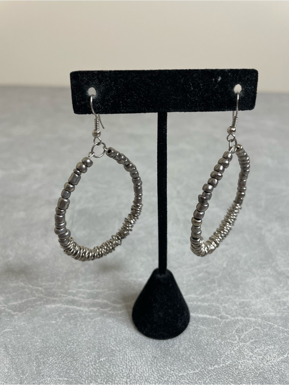 Silver Hematite and Chainmail Beaded Hoop Earrings - Women Jewelry